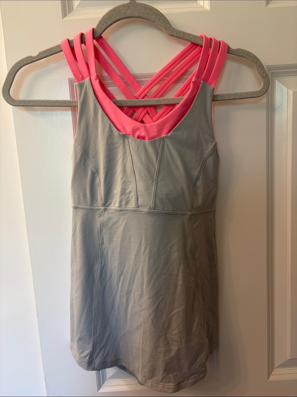 Gray Lululemon Tank with Coral Pink Bra, Strappy Back